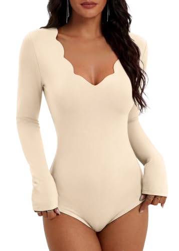 OFEEFAN Women's Long Sleeve Bodysuits Scallop Neck Slim Fit Tops Apricot XL at Amazon