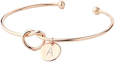 Scelet Bridesmaids Gift Tie The Knot Single Initial Letters Personalized Charms Bracelet Bangle Wedding Jewelry (Rose Gold, A)