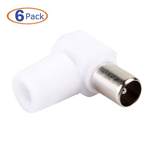 Conwork 6-Pack 90 Degree Right Aerial Angled RF Coaxial TV Aerial Lead Coax PAL Connector to Socket for RG6 Cable Antenna Adapter Solderless -Male Plug