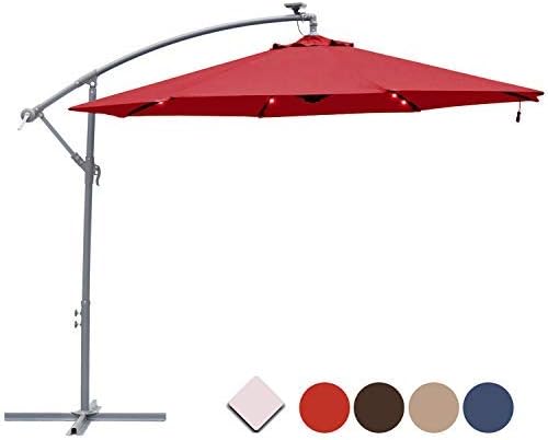 Amazon Com Sunnyard 10 Led 32 Light Outdoor Patio Market Umbrella With Solar Power Led Lights Cantilever Offset Patio Umbrella With Crank 8 Ribs Red Garden Outdoor