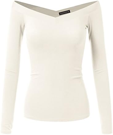 Sheshine Women Long Sleeve Slim Fit Stretch Crop Top Off-Shoulder V Neck T-Shirt, White, XX-Large