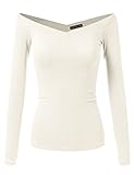 Sheshine Women Long Sleeve Slim Fit Stretch Crop Top Off-Shoulder V Neck T-Shirt