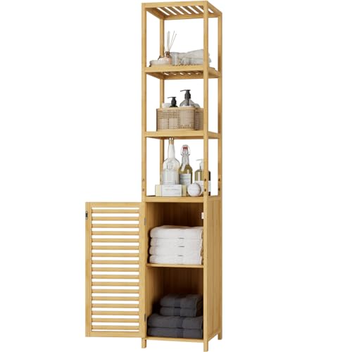 FOREHILL Hochschrank Badezimmerschrank Badregal aus Bambus schmales Badschrank Badmöbel mit 3 Ablagen Standregal für Bad, Küche, Flur 169x34x33cm Natu