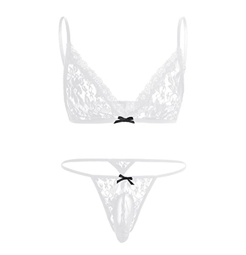 FEESHOW Men's Lace Bra and G String Thong Sissy Pouch Crossdress Underwear White X-Large (Waistline 33.0-52.0")