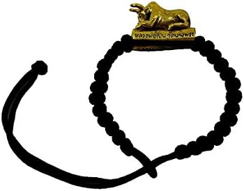 Lp' pern bull black rope wristband Thai Buddha amulet holy charm rich luck & success