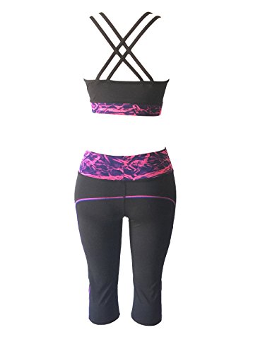 Women Gym Yoga Workout Activewear Sets Unpadded Sports Bra Top + Crop Leggings 2 Pieces Set (M/L, Berry Pink/Navy Black Mix) - Thumbnail 3