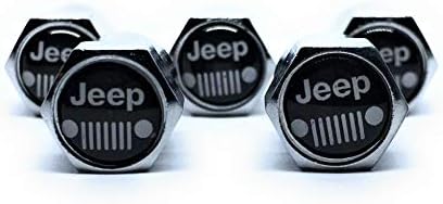 Jeep Metal Tire Valve Stem Caps Set / 5 Pcs for WRANGLER SPORT S SAHARA RUBICON GRAND CHEROKEE LAREDO ALTITUDE STERLING EDITION LIMITED TRAILHAWK OVERLAND HIGH ALTITUDE SUMMIT SRT TRACKHAWK JK WILLYS