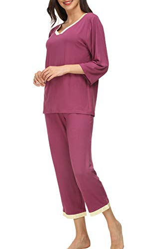 Invug Women 3/4 Long Sleeve Shirt Pants Set Sleepwear V Neck Long Pajamas Loungewear Dark Rose S - Thumbnail 4