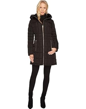Womens Puffer Mid-Length with Knit Side Detachable Fur Trimmed Hood