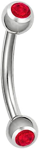 16g 5/16" Surgical Steel Double Gemmed CZ Crystal Eyebrow Ring Curved Barbell, Red