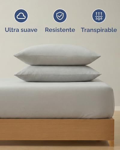 Jersey Fitted Sheet Cotton 140 x 200 cm Light Grey + 2 Pillowcases 80 x 80 cm – Pack of 3 – 100% Cotton – Terry 40 cm / 16 Inches – Soft, Anti-Wrinkle and Hypoallergenic – Oeko-Tex Standard 100
