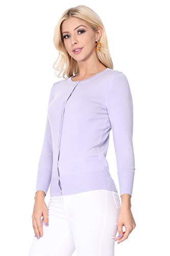 YEMAK Women's 3/4 Sleeve Crewneck Button Down Knit Cardigan Sweater CO079-BYL-L Baby Yellow - Thumbnail 3