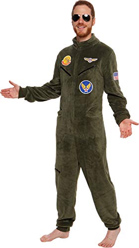 Silver Lilly One Piece Fighter Pilot Costume - Adult Novelty Flight Suit Jumpsuit Pajamas (Olive, Medium)