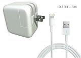 Hybrid Electronics 10W 2.1A USB Power Adapter US Plug Home Charger with 10' Ft / 3M Extra Long USB Cable for Apple iPhone 5s / 5c / 5 6/6plus, iPad 4, iPad with Retina Display, iPad Air and the iPad Mini Sync Cable Power Cord (White)