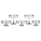 Victoria Silver Cake Stand Set of 5, Round Glass Plate Metal Dessert Cupcake Pedestal Wedding Party Display with Crystals