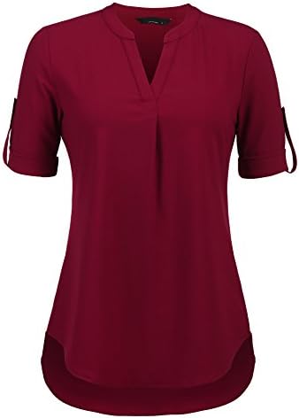 Hersife Half Sleeve Shirt Women Tunics Notch Collar Short Sleeve Work Blouses,Wine Red,XX-Large