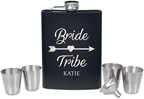 Personalised Engraved Black Hen Party Hip Flasks Wedding Party 6oz, 8oz & Sets Hen Do (Bride Tribe, 8oz Black Set (with Funnel & Shot Glasses))