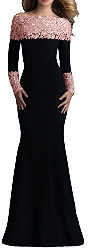 made2envy Boat Neck Mermaid Lace Decorated Evening Gown (L, Black) V1020LB
