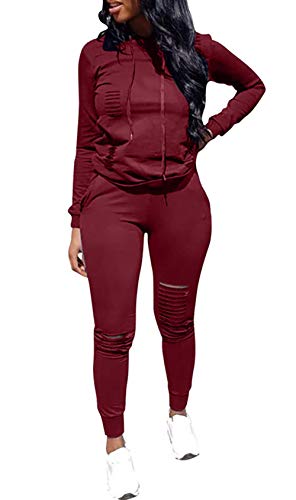 DINGANG Women's 2 Piece Outfits Ripped Hole Pullover Hoodie Sweatpants Sports Tracksuit Jumpsuit Set Wine Red 3X
