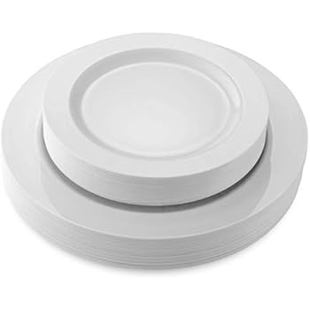 50 Disposable White Heavy Duty Plastic Plates | 25 Dinner Plates and 25 Dessert or Appetizer Plates | Premium Combo Disposable Dinnerware Set | Great for Parties or Weddings. (50 Pack) by Bloomingoods