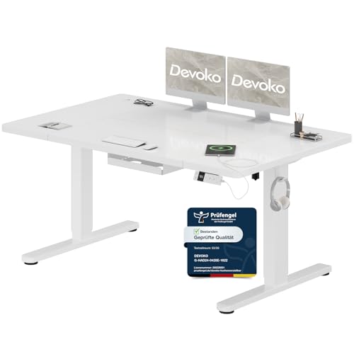 Devoko Höhenverstellbarer Schreibtisch 140x80cm mit Typ-C Ladeanschluss, Schreibtisch Höhenverstellbar Elektrisch, Mobiler Elektrisch Computertisch mi