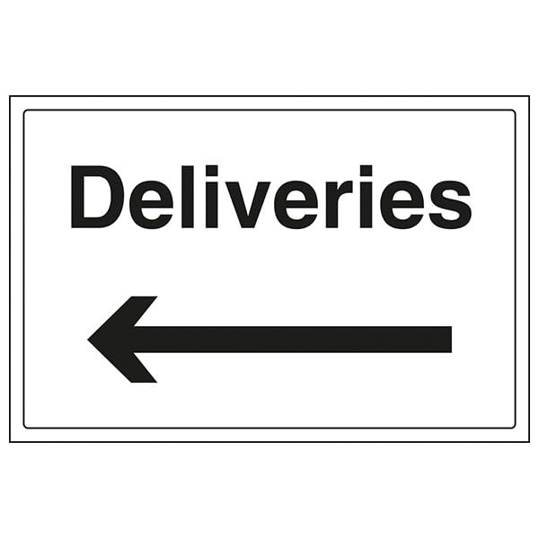 V Safety General Information - Deliveries, Arrow Left - 400 X 300MM Safety Sign With Snap Frame