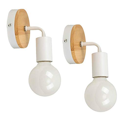 YUENSLIGHTING 2 Pack Modern Creative Wood Vintage Wrought Iron Wall Lamp E27 (No Bulb) 40W Wall Fitting Reading Light Bedside Lamp for Bedroom Living Room (White) Traditional Indoor