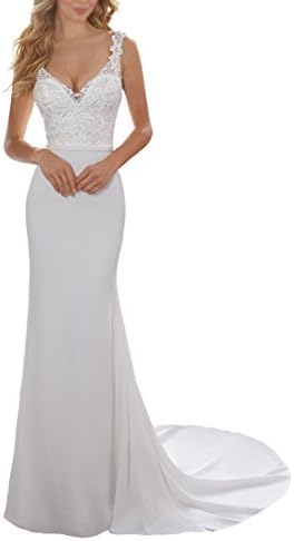 Women's Simple Lace Beach Bridal Dress Ivory Simple Long Formal Wedding Dresses