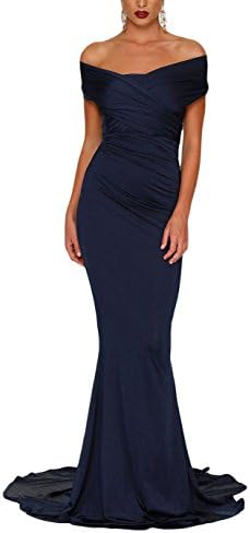 Syusuke Sexy Off-Shoulder Mermaid Wedding Evening Party Gown Dress For Women Navy S