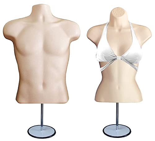 Flesh Male & Female Hollow Back Mannequin Torso Set w/ Metal Stand with Metal Pole, S-M Sizes