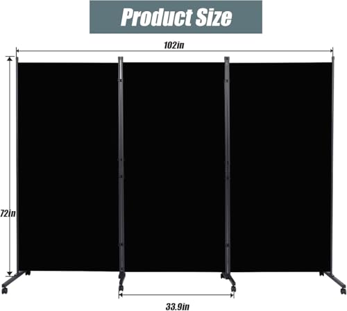 Room Divider Folding Privacy Screens with Wheels, 6FT Tall Divider for Room Separation, 3 Panel Movable Room Partitons, Indoor Room Dividers Panel with Non-See Through Fabric for Office (Black)