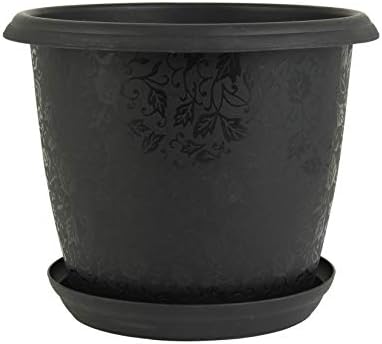 Divine Tree Round Plastic Flower Pots Planters with Tray for Outdoor & Indoor Gardening(Black,10x10x8 inch)