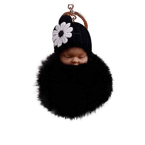 Sleeping Baby Plush Pompom Keychain,Crytech Cute Fluffy Fuzzy Slept Baby Doll Pom Pom Key Chain Handbag Pendant Charm Keyring Ring for Backpack Car Key Purse Cellphone Accessory (Black)
