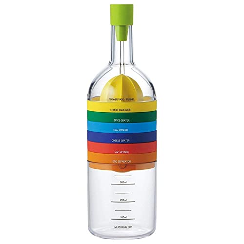 Essential 8 in1 Kitchen Tool Bottle.Multipurpose Kitchen Gadget 8 Cooking Utensils Set: Funnel,Measuring Cup,Lemon Squeezer, Potato Masher,Cheese Grater,Spice Grater,Egg Separator and Can Opener