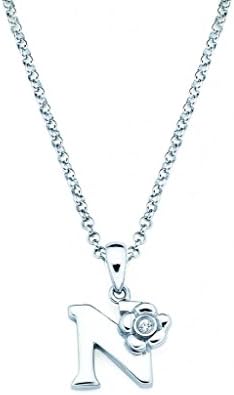 925 Sterling Silver Diamond Accent Initial Letter With Flower Accent Girls Pendant Necklace With 14" Rolo Chain and 2" Extender