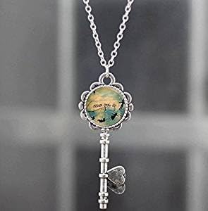 Peter Pan Key Necklace, Never Grow up Quote Jewelry, Round Glass Key Pendant Charm