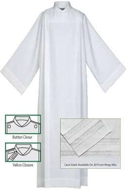 Clergy Front Wrap Alb: Abbey Brand White Plain Herringbone Weave 65% Polyester/35% Cotton Alb (Men's Size Small) #435