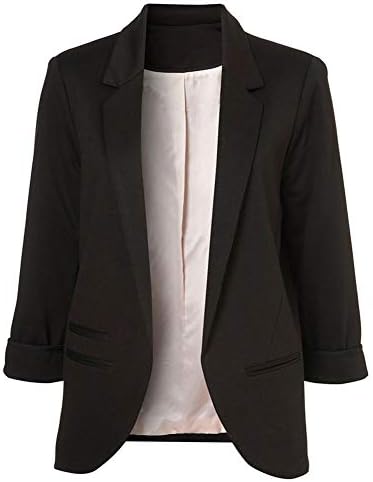 LAVIQK Women's Fashion Cotton Rolled up 3/4 Sleeve Slim Office No-Buckle Blazer Jacket Suits(Black)