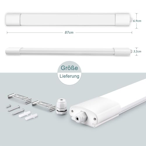 IEGLED Wet Room Lamp LED 90 cm, 30 W 3300 LM Wet Room Light with 4000 K Neutral White, IP65 Waterproof LED Ceiling Light, Flat Lamp as Garage Lamp, Workshop Lamp, Kitchen Lamp, Cellar Light