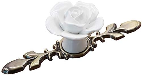 POFET Handle Zinc Alloy Ceramic Rose Single Hole Wardrobe Drawer European Antique Copper 5 Packs, Bronze White Rose