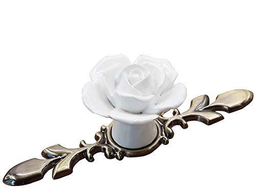POFET Handle Zinc Alloy Ceramic Rose Single Hole Wardrobe Drawer European Antique Copper 5 Packs, Bronze White Rose