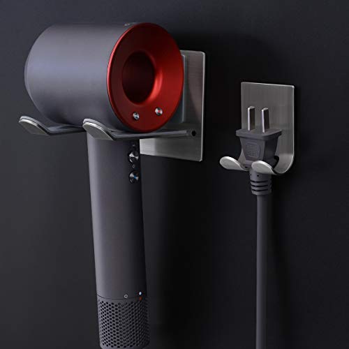 XIGOO Hair Dryer Holder, Self Adhesive Dyson Hair Dryer Wall Mount Holder Compatible Dyson Supersonic Hair Dryer, Brushed, 304 Stainless Steel, Power Plug, Diffuser and Nozzles Organizer