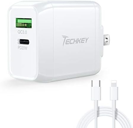 USB C Wall Charger, Techkey 20W 2-Port Fast Charger USB Type C Charger 5V / 3A Power Adapter Quick Charge 3.0 with Foldable Plug for iPhone 12/11 / X / 8/7 / 6, iPad and More