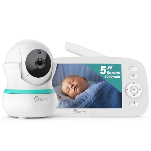 CAMSTRO Baby Monitor with Camera, 5" Display, 360° Remote Pan-Tilt-Zoom, Night Vision, Two-Way Audio, 5000mAh Battery, Feeding Reminder, Lullabies, Cry and Motion Detection, VOX Baby Camera, No WiFi