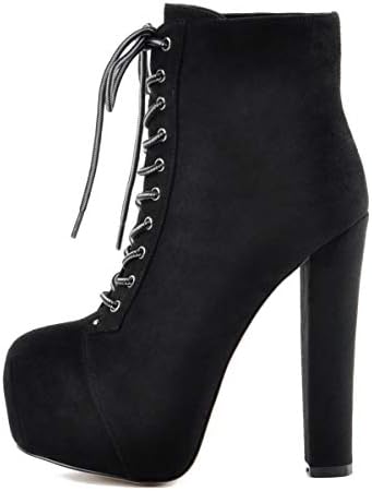 Onlymaker Women's Platform Round Toe Short Bootie Block Chunky High Heel Lace Up Ankle Boots