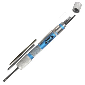 Click Here to See More Images Commando Precision Miniature Pocket Screwdriver Set with 2 Flat Blades, 2 Phillip Blades, Scribe/Awl, All Stored Inside Attractive Blue Anodized Pro Series Handle