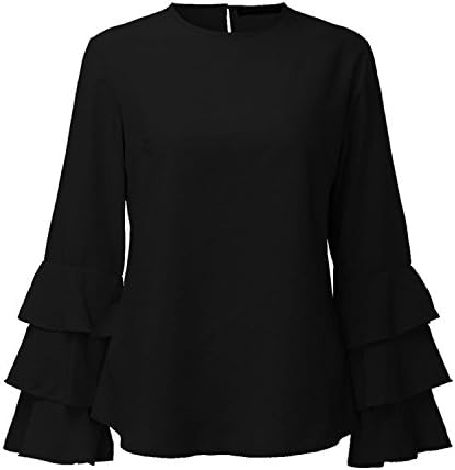 Beautface Makeup Women Blouses Shirts Autumn Elegant Ladies O-Neck Flounce Long Sleeve Solid Blouse Casual Loose Tops,Large,Black