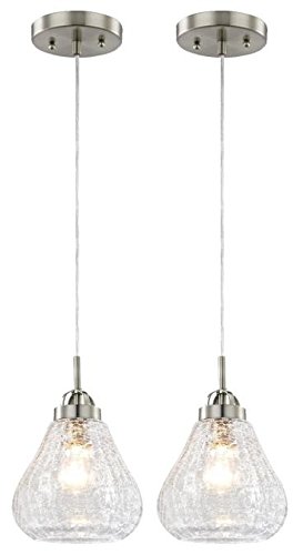 One-Light Indoor Mini Pendant, Brushed Nickel Finish with Clear Crackle Glass - 2-Pack