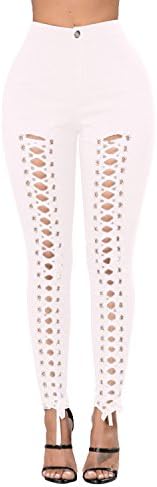 Sejian Women's Strtech Pencil Skinny Pants Lace Up Bandage Color Jeans Pants (XXXL, White)