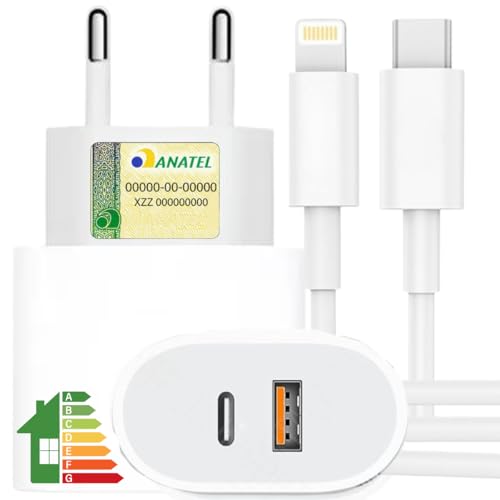 UTBRX Carregador Turbo 40w com Cabo e Fonte Entrada Dupla Carregador Rápido Compatível com iPhone X Xr SE 11 12 13 14, Conexão Lightning USB-C, Bivolt 110/220V - Premium Duo